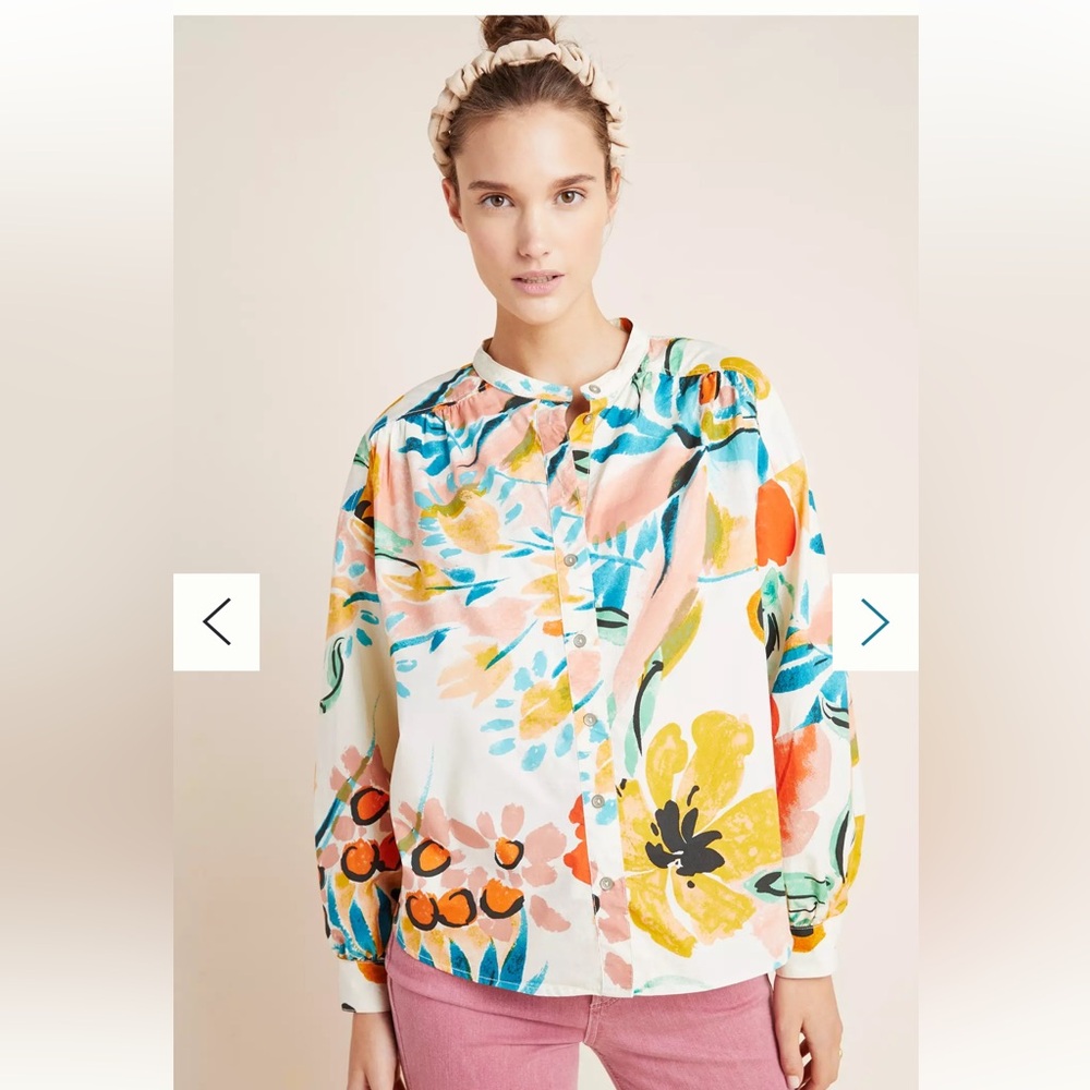 Anthropologie Crisanta Poplin Cotton Button Down Shirt Oversized Multicolor XS